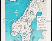 Map of Norway and Sweden - A Fun and Funky Little Vintage Picture Map to Frame