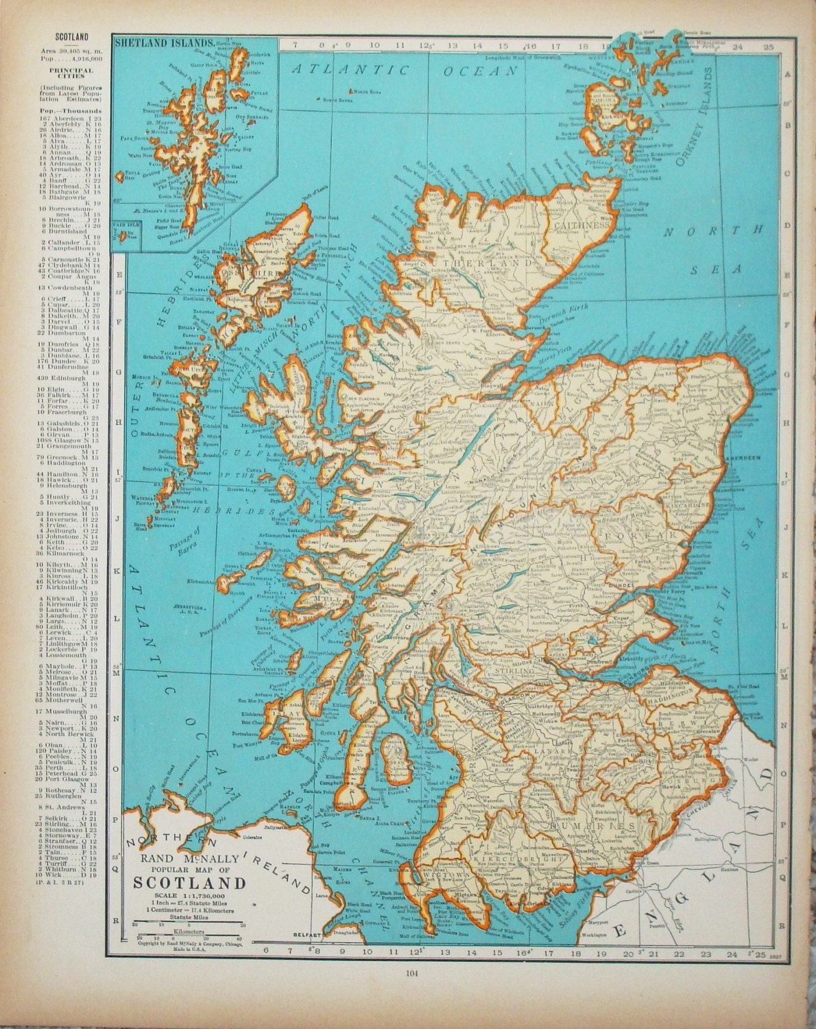 Vintage Scotland Map - 1940s Vintage Map of Scotland