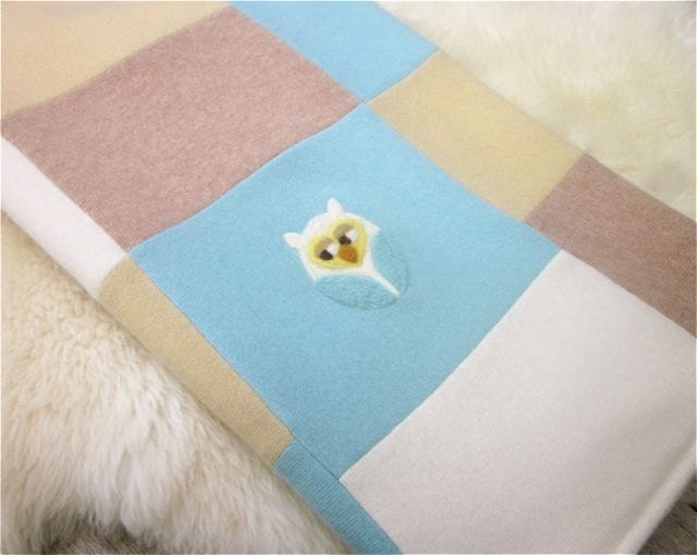 Owl Cashmere Throw Blanket - Toddler size - Made to Order - Owl & Acorns appliques - Upcycled Cashmere Sweaters - Great Baby Gift