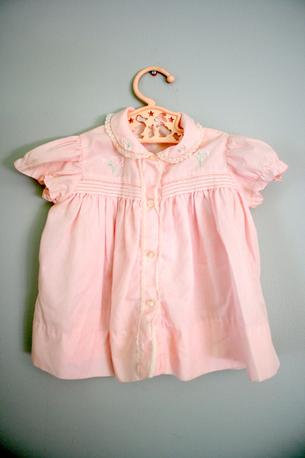 60s 70s Pink Smocked Button Down Dress Sz 9-12 months - babyshapes