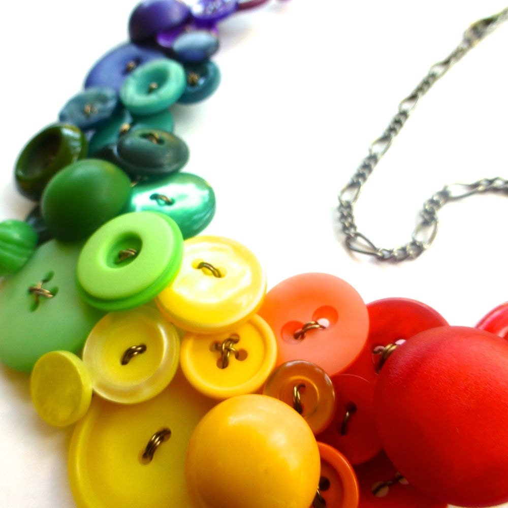 Huge Button Bib Statement Necklace - Bold Bright Colorful Rainbow