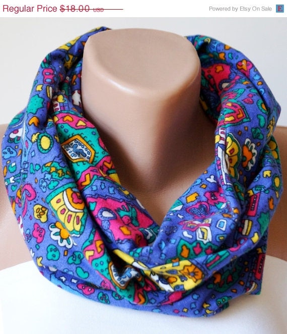 SALE - Infinity Scarf Loop Scarf Circle Scarf Cowl Scarf Soft Colorful lots of blue, lilac  flowers chunky design flannel cowl