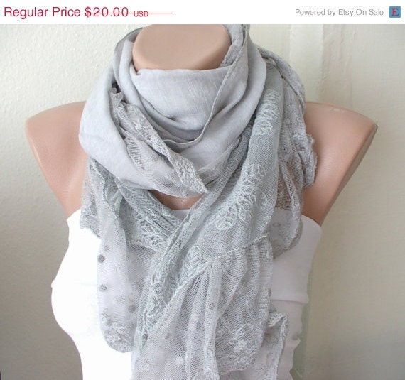 SALE - Light Grey  Scarf  from  coton with ruffle tulle