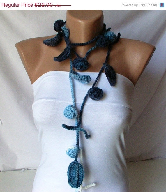 SALE - Handmade Crochet  Blue color mix tones, Roses Lariat, Scarf, Necklace