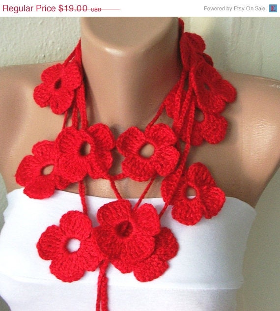 SALE - Handmade Crochet Red Flower Lariat, Scarf, Necklace