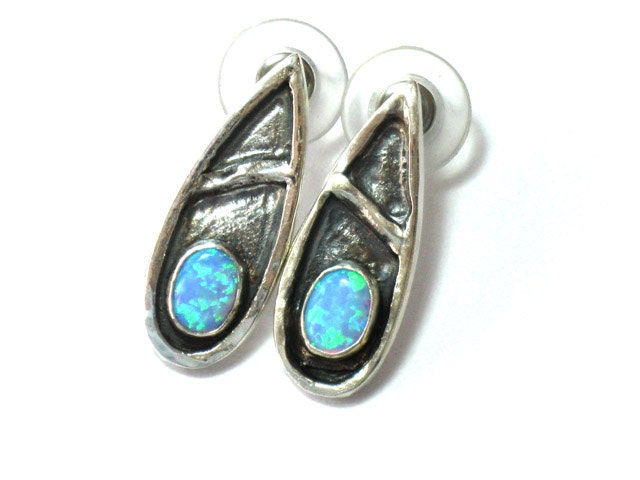 Silver Tear drop earring posts and Oval Opal stones, Handcrafted artisan jewelry by Riorita