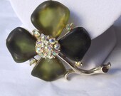 Vintage Flower Brooch, Collectible, Costume Jewelry, Olive Green Lucite Petals, AB Rhinestones, Mid Century, Mad Men