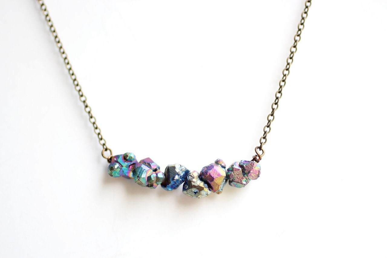 Minimalist Titanium Druzy Stone Necklace - Antiqued Brass