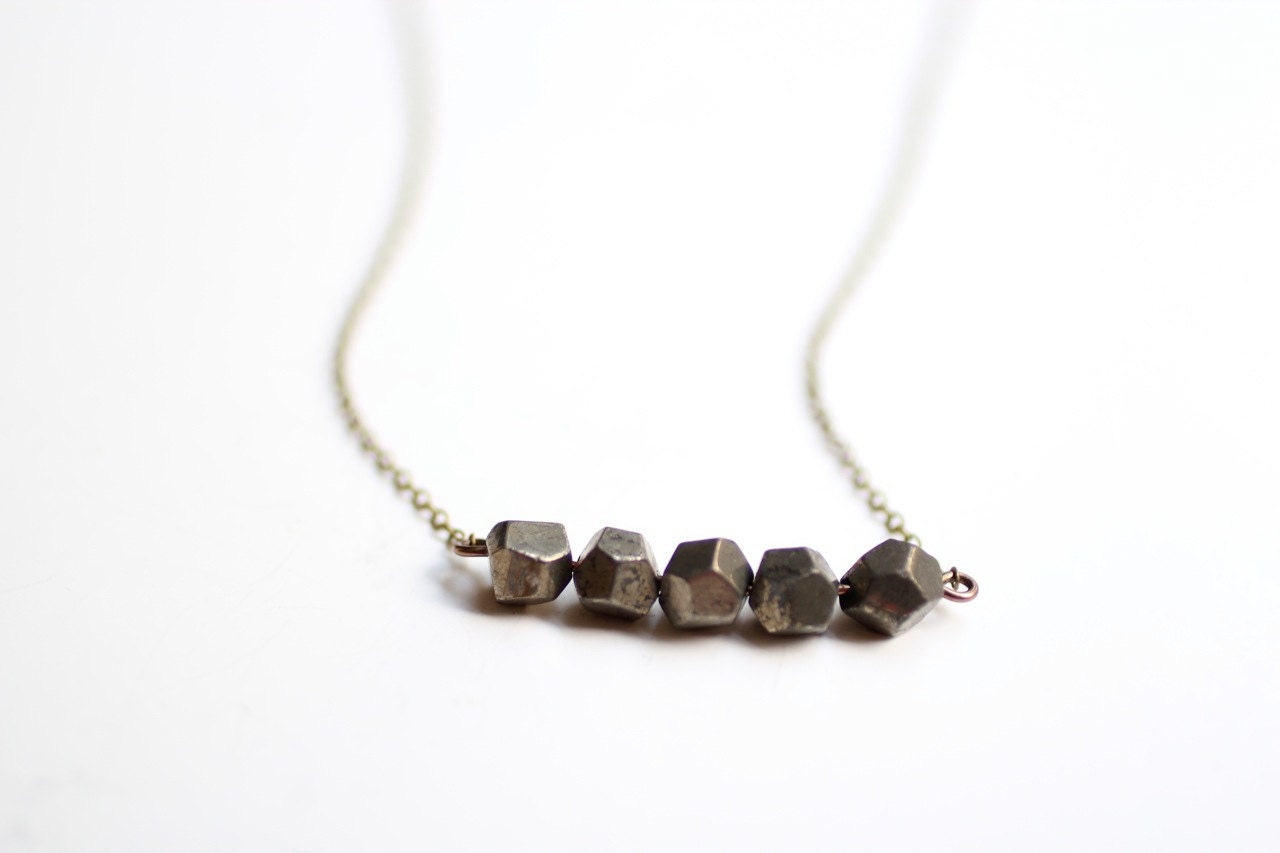 Minimalist Geometric Pyrite Stone Necklace - Antiqued Brass