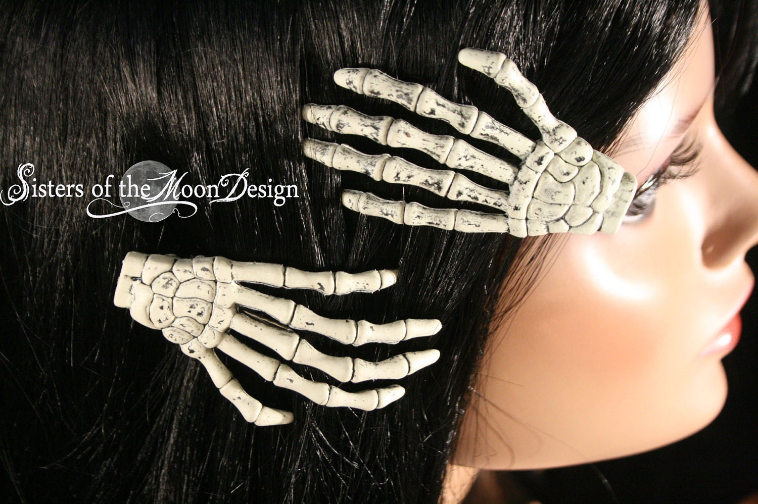 Skeleton hands hair clips with painted Plain nails pair -- Sisters of the Moon
