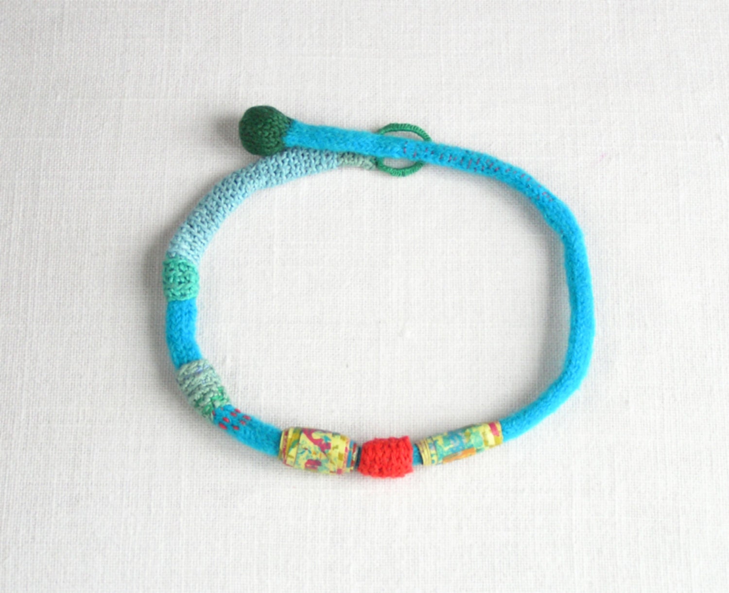 Fiber art  necklace - crochet choker  - textile jewelry -  vibrant aqua Blue emerald  red