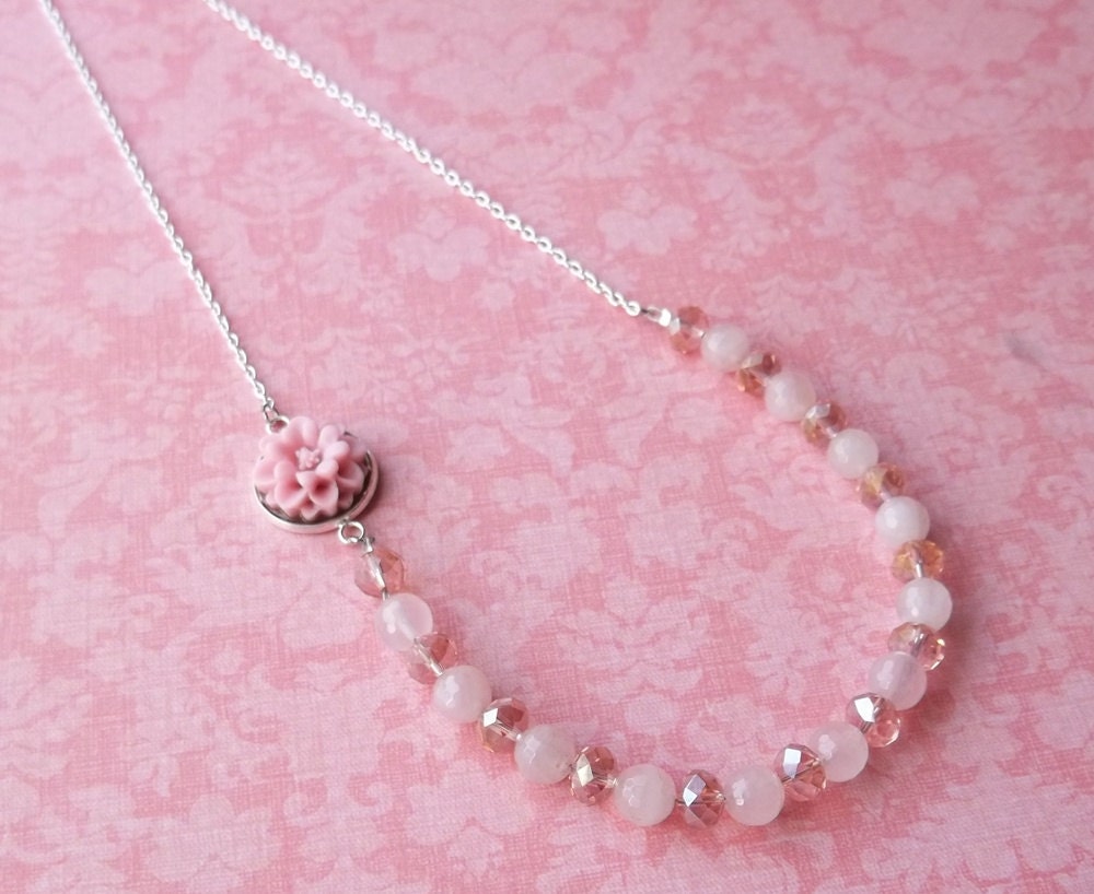 Pink Cabochon Beaded Chain Necklace
