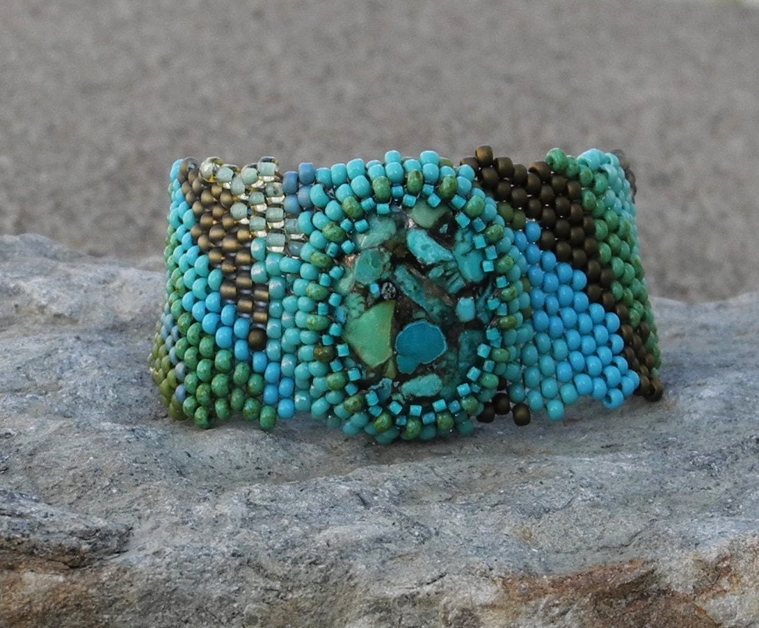Free Form Peyote Stitch Beaded Bracelet Beaded Cuff Beaded Cabochon - Bead Weaving - Gratitude