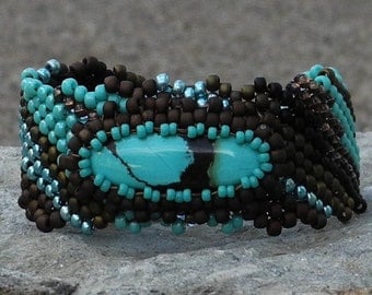 Free Form Peyote Stitch Beaded Bracelet Beaded Cuff Beaded Cabochon - Bead Weaving  - Greatness