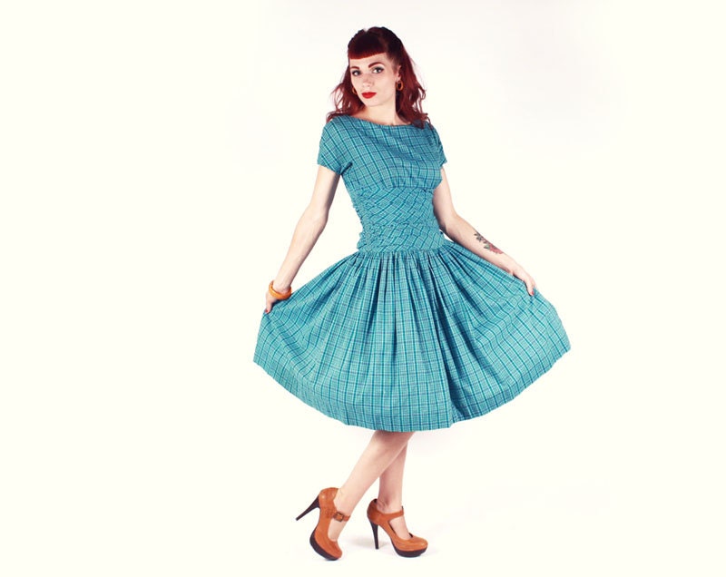 50s Dress - Teal Jonathan Logan Full Skirt - Runched Waist - Medium