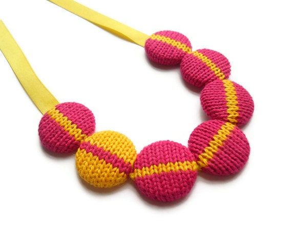 Small Knitted Cotton Necklace Stripe - Pink and Yellow (Free UK Shipping)