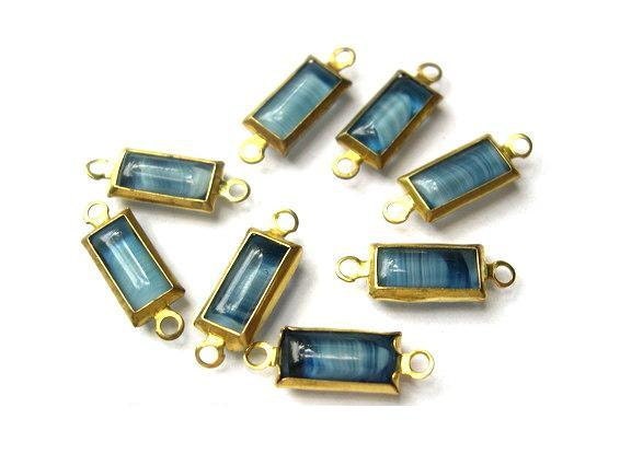 6 Vintage AUSTRIAN glass channel connectors beads rectangle gold color channel blue glass 2 self loops-RARE