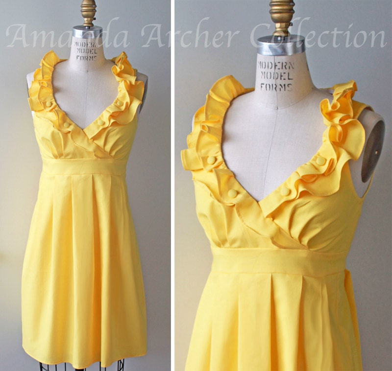 Bridesmaid Dress with pockets, Canary Yellow Cotton, Made To Order