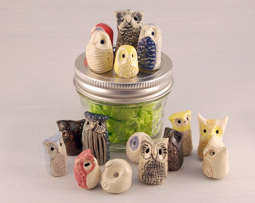 Miniature Clay Owls, Five Ceramic Owl Figurines in a Jar