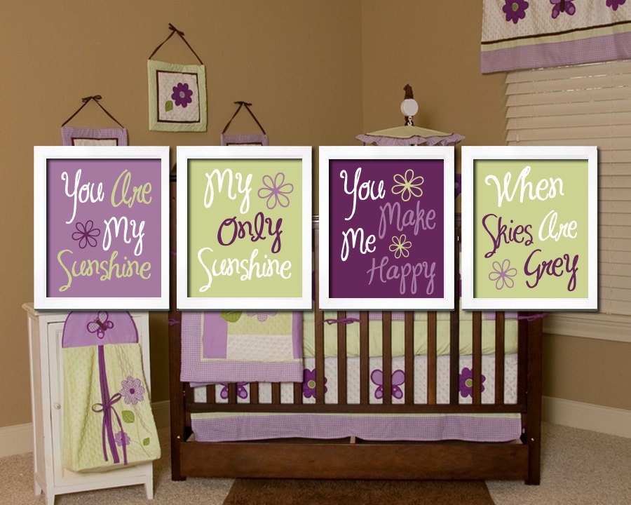 Cute Lavender Purple Green You Are My Sunshine Quote Crib Nursery Song Print Artwork Set of 4 Prints Wall Decor Art Picture