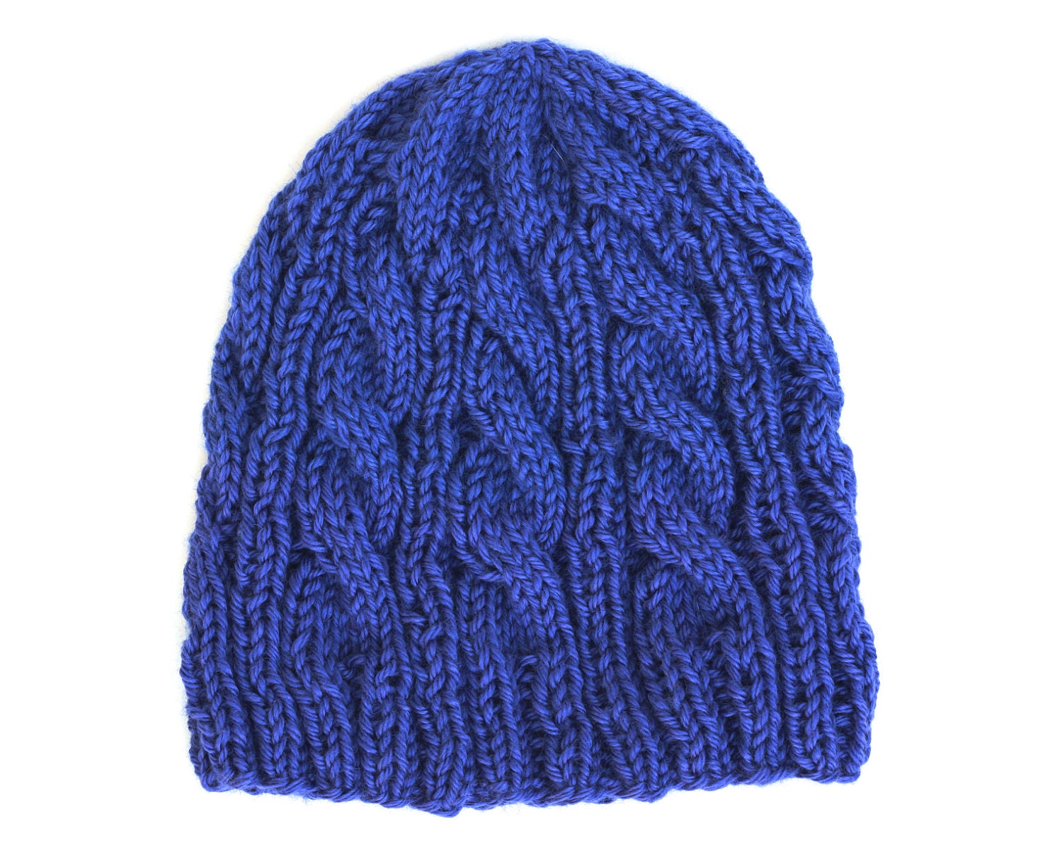 Hand Knit Cable Beanie Woman Hat - Bamboo Wool Blend Yarn - Twilight Blue