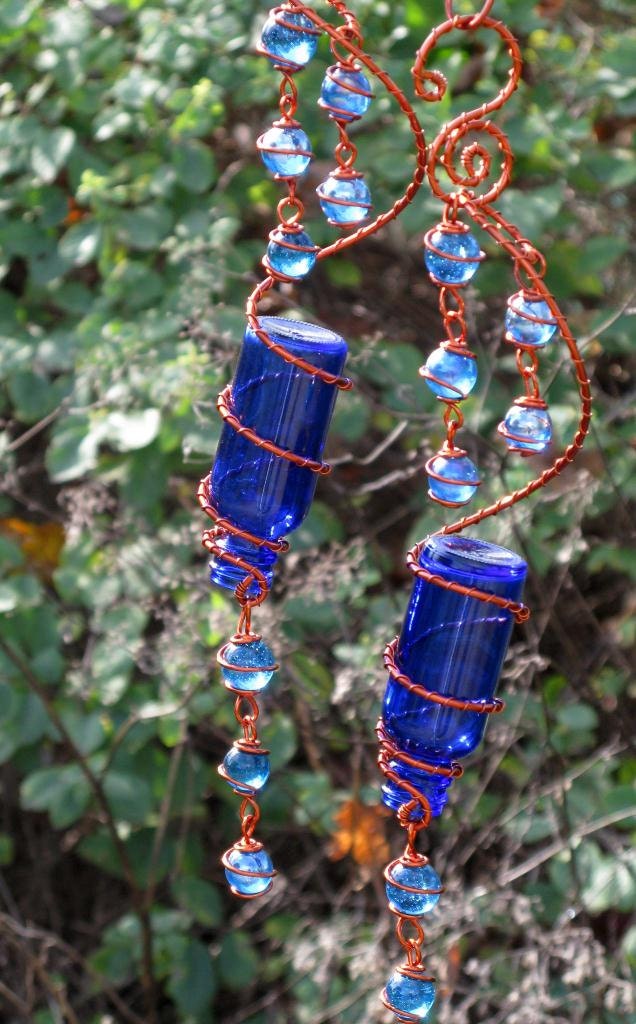Suncatcher - Set of 2 Little Blue Spirit Bottles With Copper Wire Wrapped Aqua Blue Glass Marble Prisms
