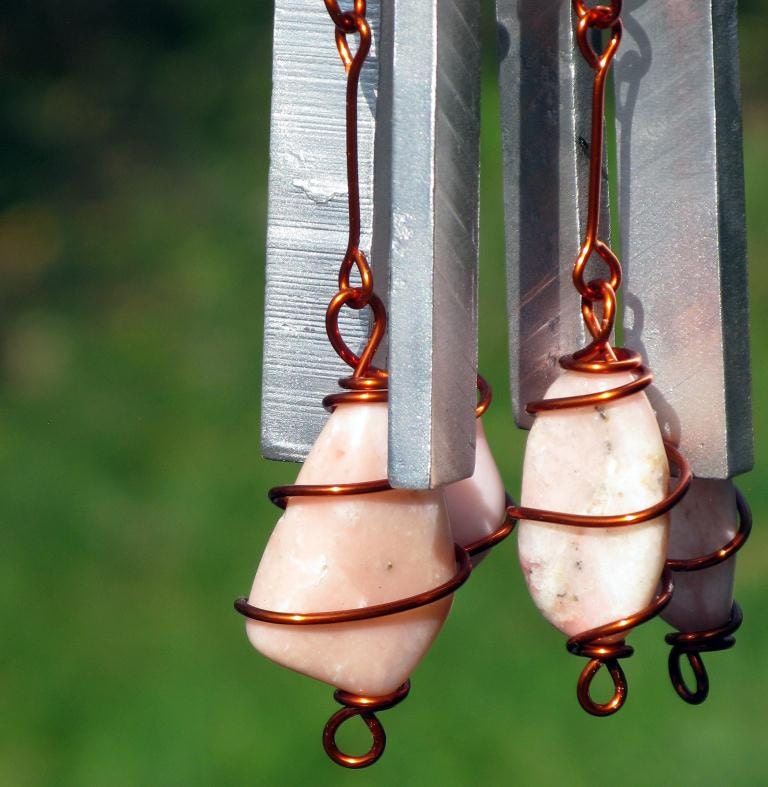 Pink Opal (October Birthstone) Windchime with Recycled Aluminum and Copper Wrapped Petal Pink Glass Marble Prisms