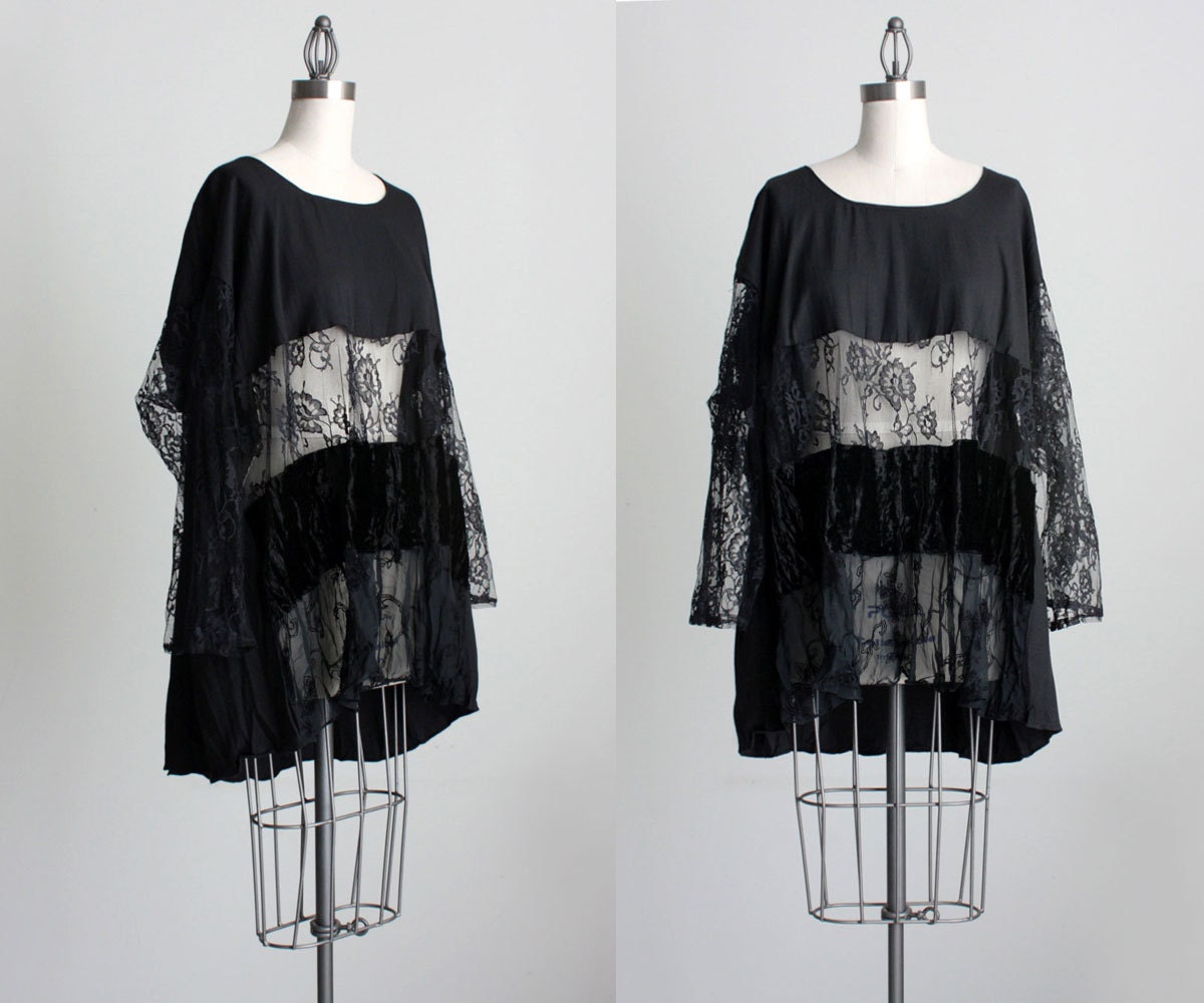 Black Lace Velvet Blouse 1990s Vintage Black Half Sheer Extra Large Slouchy Panel Tent Shirt