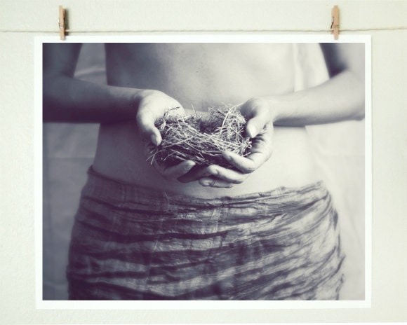 Black and white photography - Woman figure dreamy portrait birds nest in hands nature photograph - charcoal gray white - Cherish
