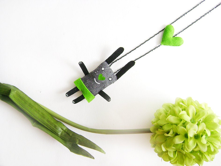 Kawaii Bunny Necklace - I have a Green Heart. Felt. Whimsical wearable art.