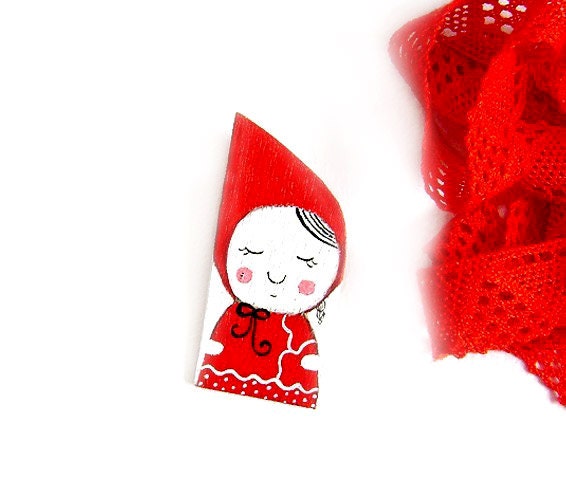 Wooden Brooch - The Little Red Riding Hood. Tale jewelry.