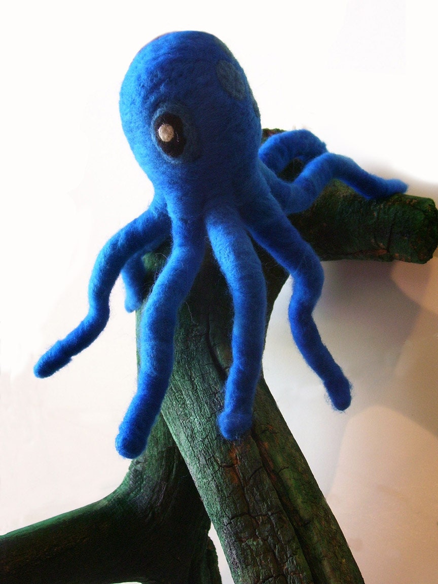 Needle Felted Octopus on Painted Tree Branch Nautical Home Decor Wall Art