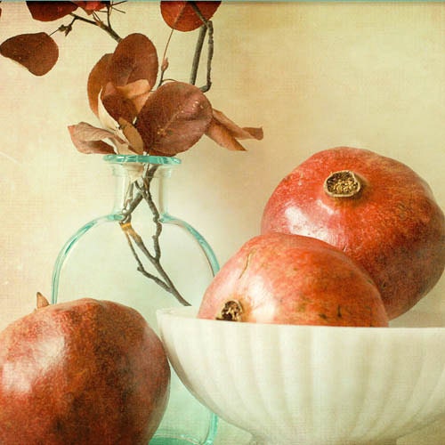 Vintage inspired still life . earthy terra cotta photograph . neutral tones . home decor . gift for her . 5x7 photograph . 3 Pomegranates