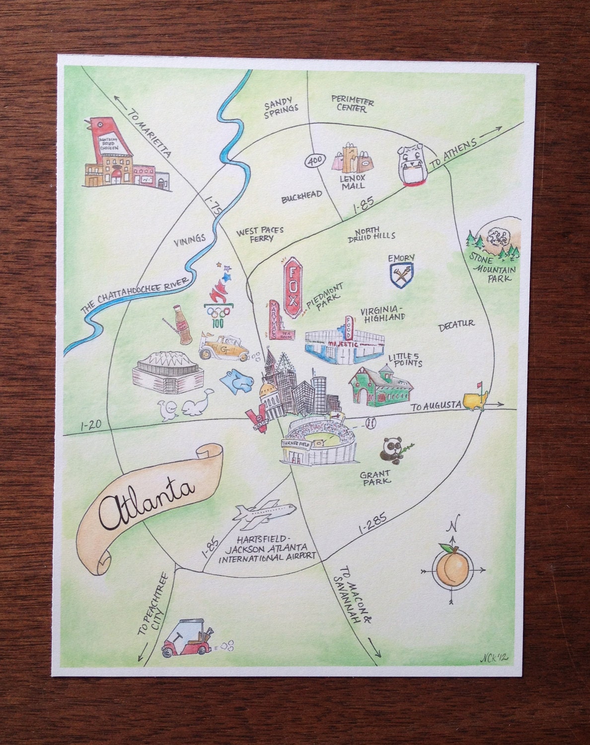 8x10 Print of Hand-painted Atlanta, Georgia map -- watercolor print