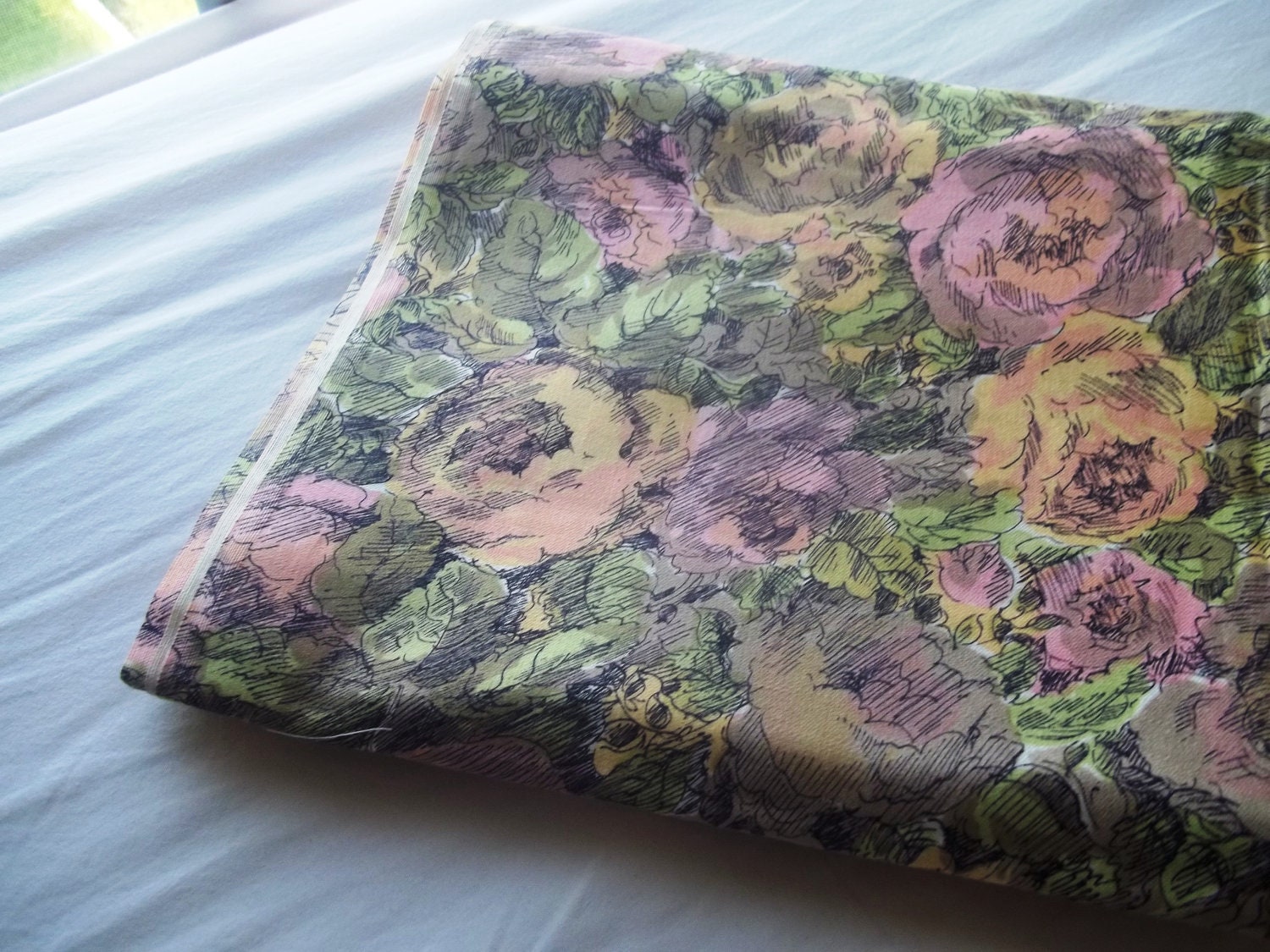 Vintage 1950's Floral Cotton Fabric Cabbage Roses Pink Yellow Green 1 yd 34 inches