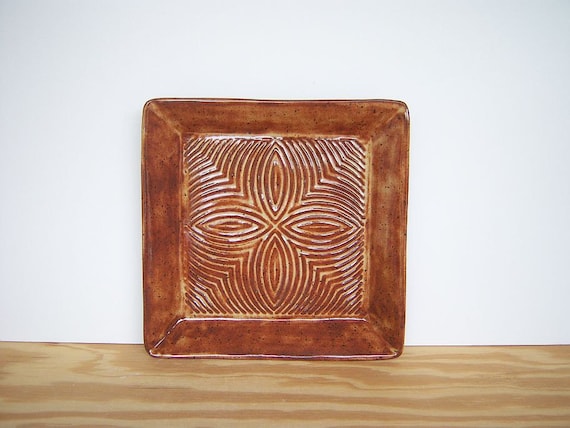 Square Textured Stoneware Plate in Shino Glaze