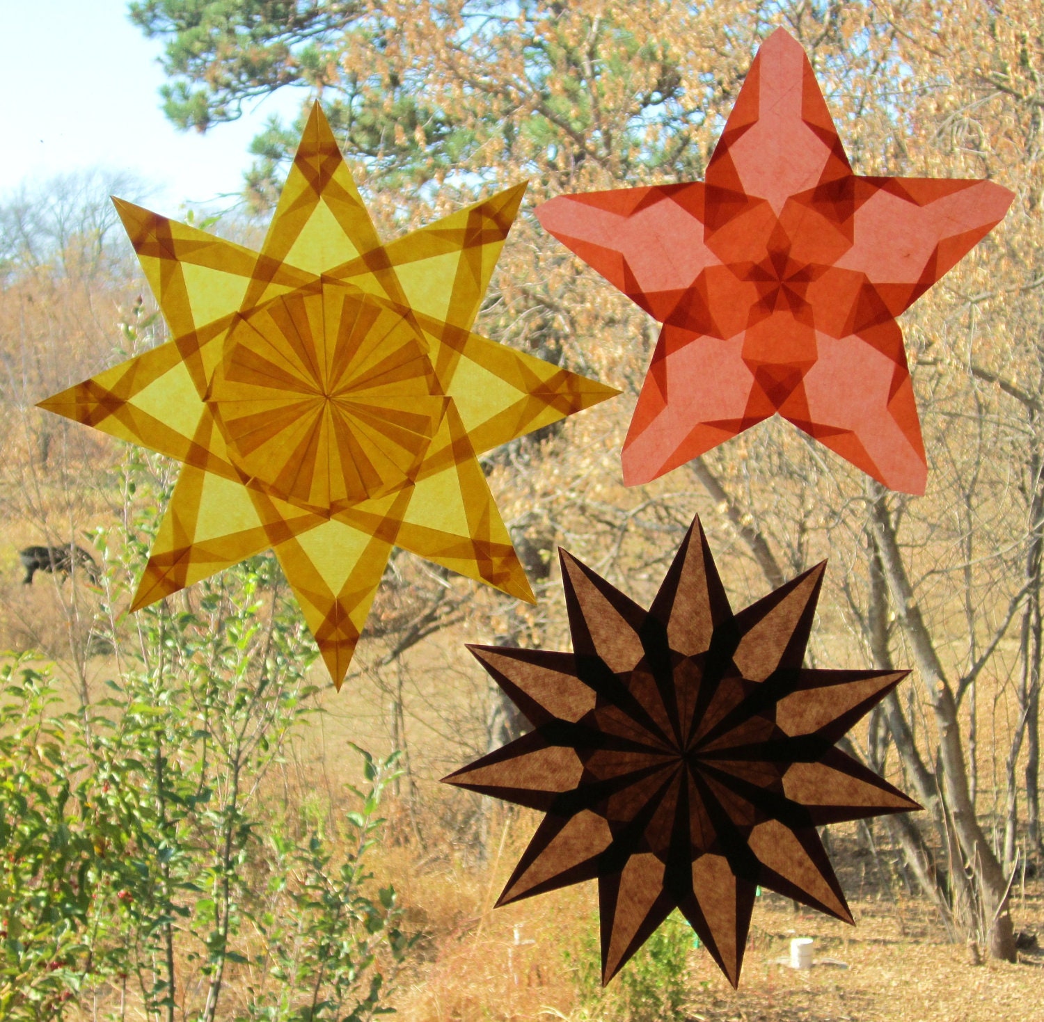 3 Waldorf Window Stars in Spicy Fall Colors of Gold, Orange, and Brown (Set of 3 Stars)