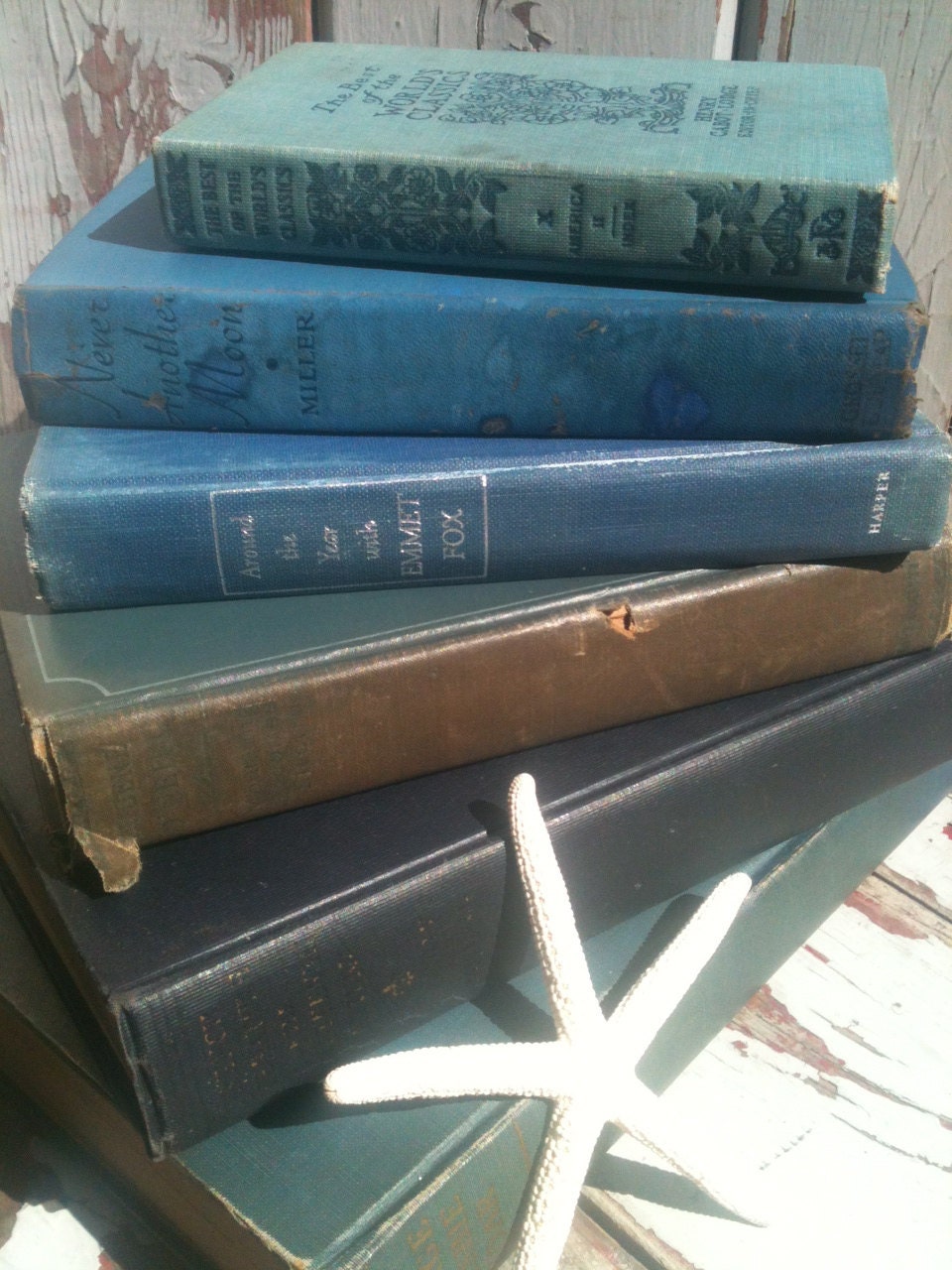 French Country,Distressed Decor, Christmas Gift,Ombre,Beach,Blue Green Books,Book Collection, Vintage,Old Books,Interior Design