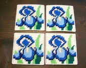 Purple Iris Flower Beverage Coasters - Handmade in Needlepoint - Set of Four (4) Drink Coasters with an Iris Flower Design