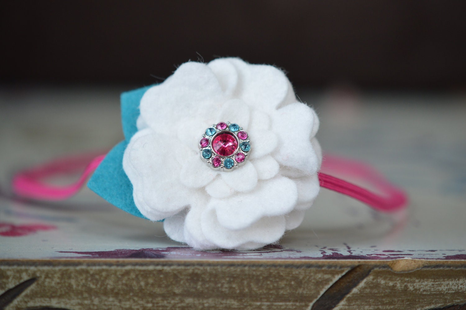 White Wool Flower Hair Band . Baby Felt Flower Headband . With Fuchsia and Turquoise Rhinestone Button . Photography Prop