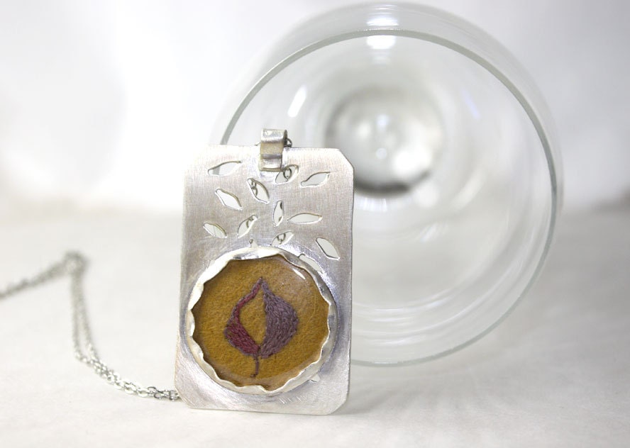 Necklace Sterling Silver Hand Embroidered Eco Friendly Autumn Leaf Purple Yellow Pendant