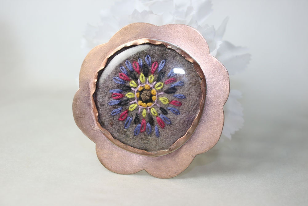 Hand Embroidery Copper Daisy Brooch