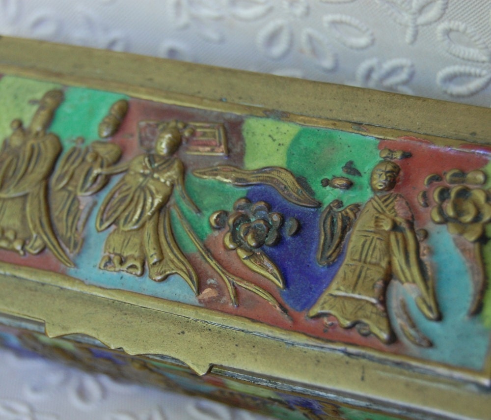 Antique 1930s Enamel Brass Stamp Box Chinese