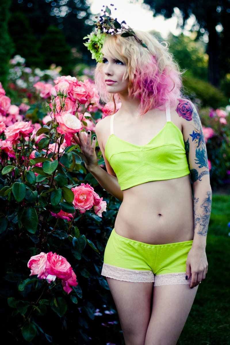 Echinacea Lingerie Set of Soft Cup Bandeau Bustier Camisole and Lace Tap Panties French Knickers in Chartreuse or Jet Black Made to Order