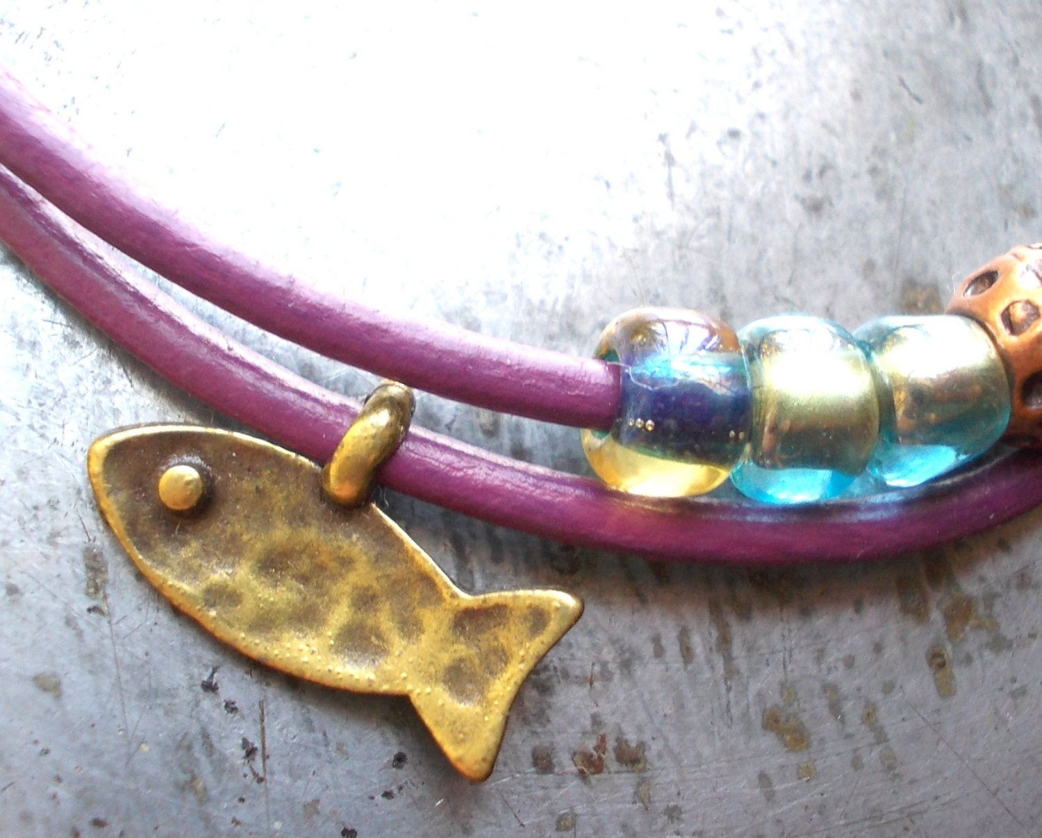 Leather Bracelet lucky fish plum purple leather bracelet brass copper sea beach beaded friendship cute little small for girl woman women