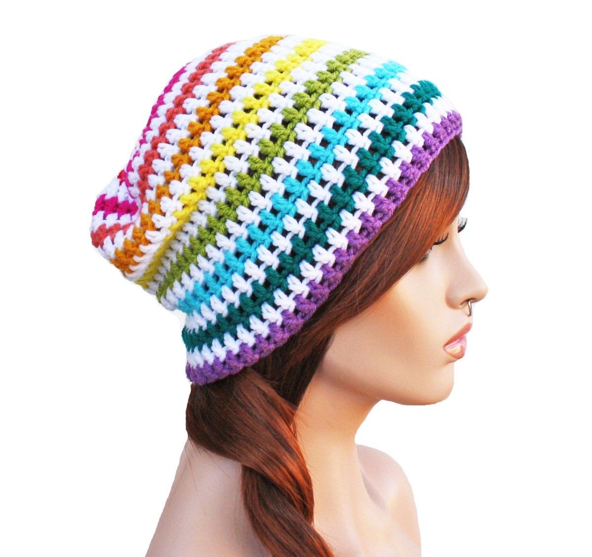 Crochet Slouch Rainbow Beanie- Ultimate Slacker Striped Beanie Hat- Pride