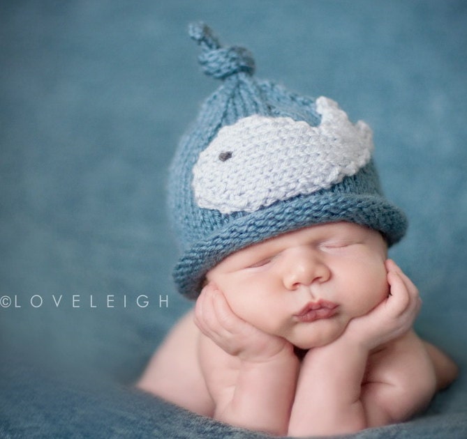 Baby boy knit hat with whale applique.  Size newborn to big kid available.