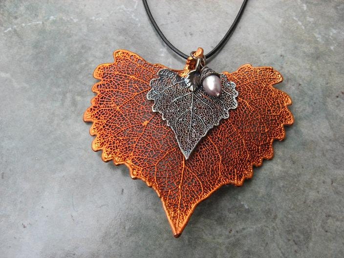 Real Double Leaf Pendant Necklace - Cottonwood  - Copper and Oxidized Silver -Freshwater Pearl