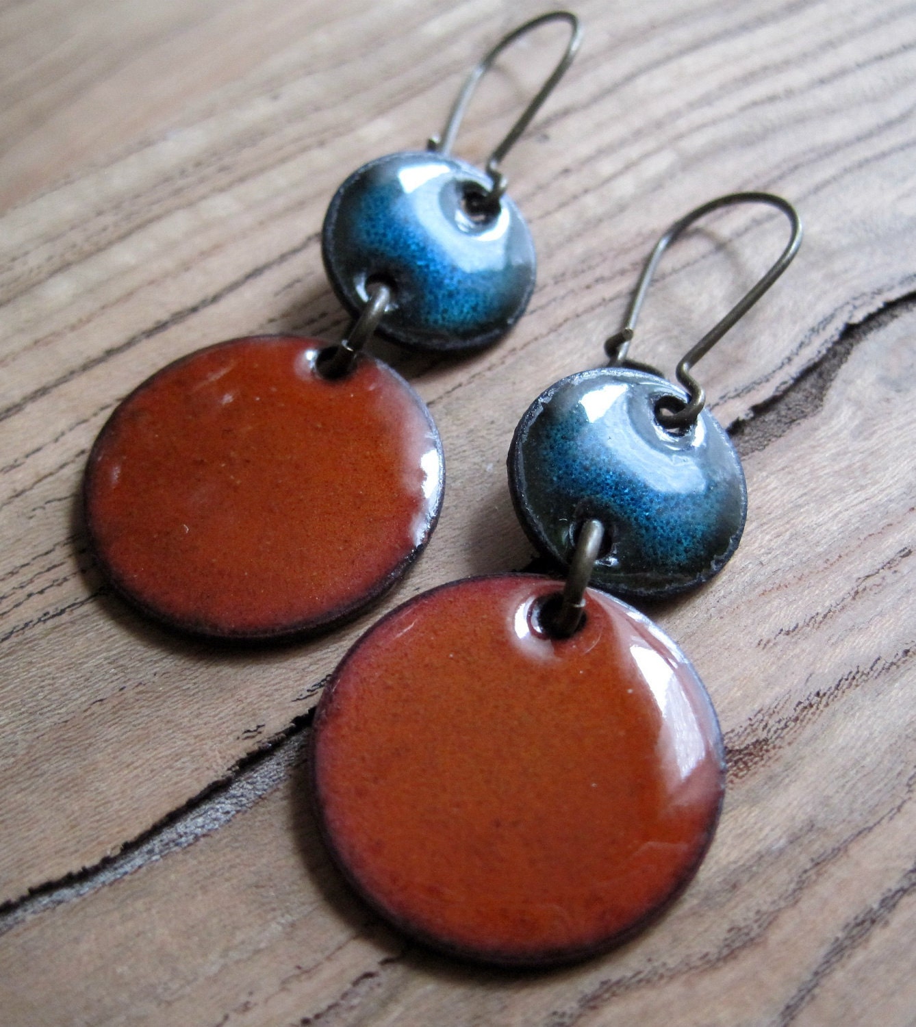 Blue and Orange Enamel Dangle Earrings, Chandelier Earrings, Copper nickel free kidney earwires