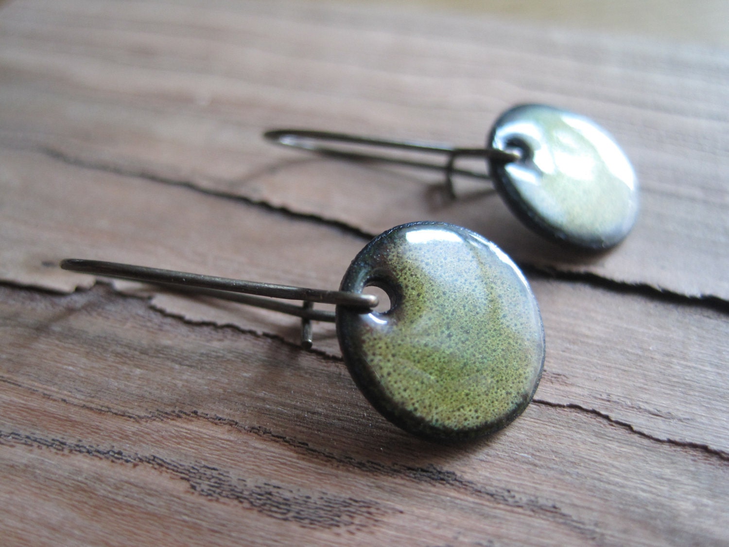 Short Dangle Earrings, Green Copper Enamel Jewelry, Nickel Free Short Kidney Earwires, Olive Green, Handmade Earrings